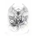 Tatoe grote vogel innige omhelzing met volwassen man in berglandschap (vogel knuffelt met man) tattoo design idea