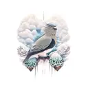 Tatoe grote vogel innige omhelzing met volwassen man in berglandschap (vogel knuffelt met man) tattoo design idea