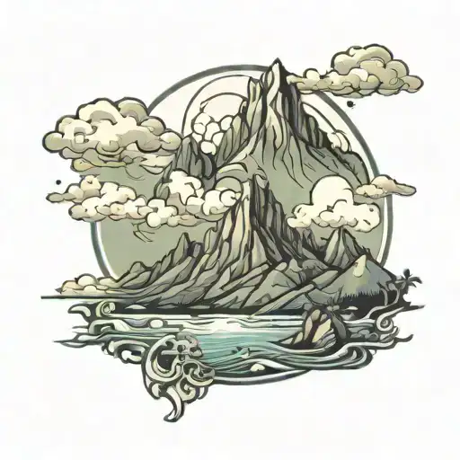 landscape background with mountain and ocean and with hindu symbolic  tattoo design idea