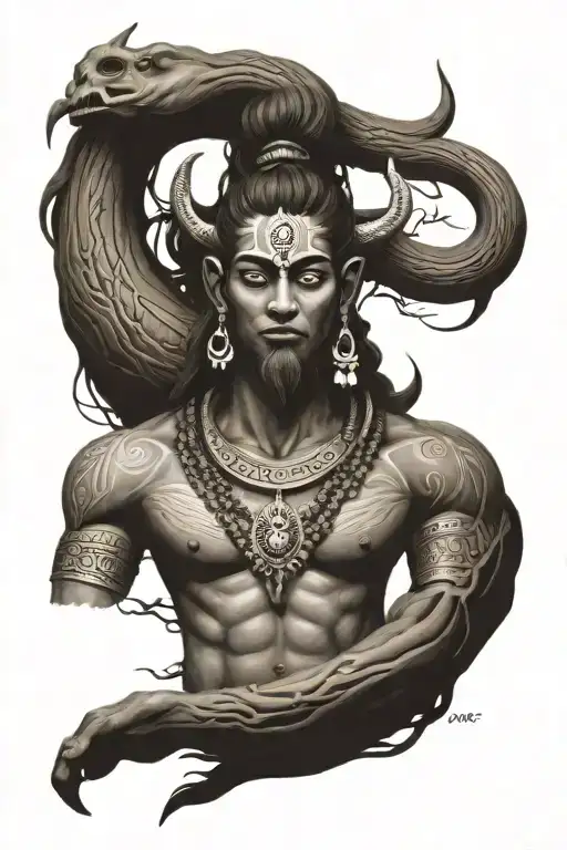 tattoo with mountain river lord shiv hindu symbolic for four arms ad brown skin tone  tattoo design idea