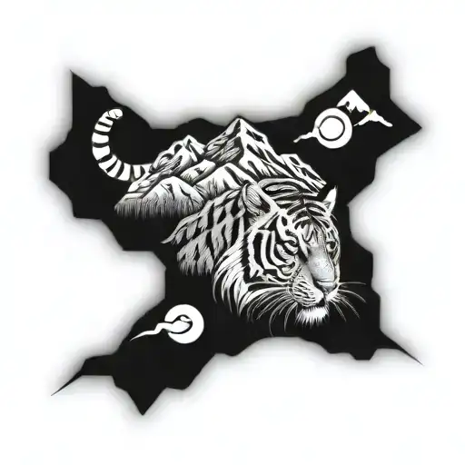 tattoo with mountain and ocean and with hindu symbolic and tiger tattoo design idea