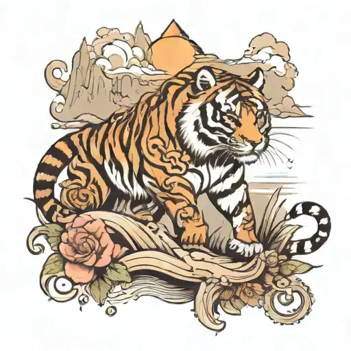 tattoo with mountain and ocean and with hindu symbolic and tiger tattoo design idea