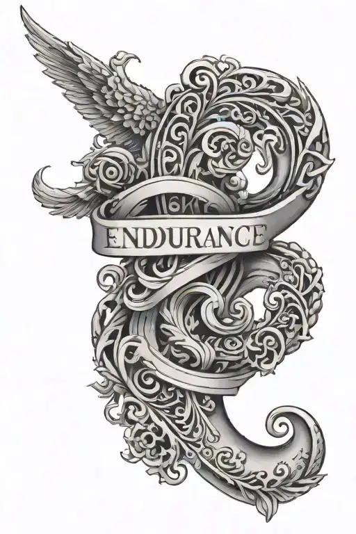 a neck tattoo of the word 'endurance', with a lot of filligraphy tattoo design idea