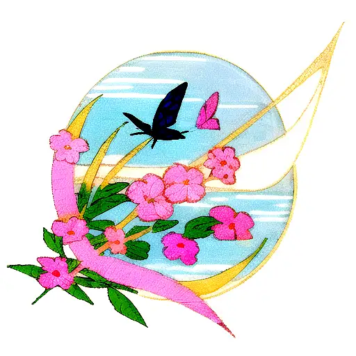 Pink and blue butterfly flying past a bright crescent moon tattoo design idea
