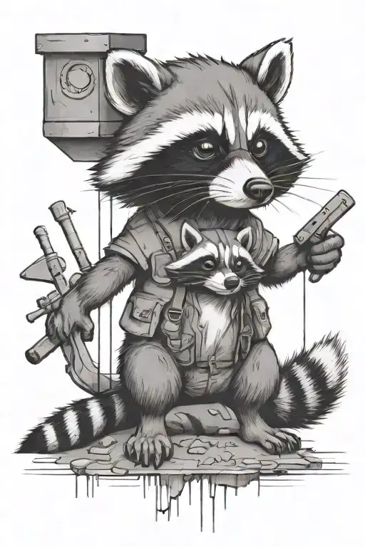 raccoon working together to build construction  tattoo design idea