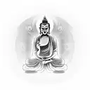 An enlightened Buddha playing a guitar, symbolizing the client's journey towards enlightenment through music tattoo design idea