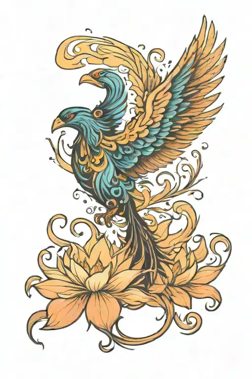 phoenix rising from smoke shape lotus in aurora borealis tattoo design idea