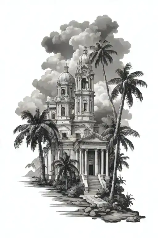  Puerto Rico themed  and palm trees, clouds and mountains, parque de bombas Ponce, Juana Díaz church must be included  tattoo design idea