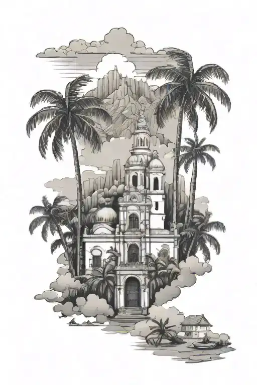  Puerto Rico themed  buildings and palm trees, clouds and mountains, parque de bombas Ponce, Juana Díaz church tattoo design idea