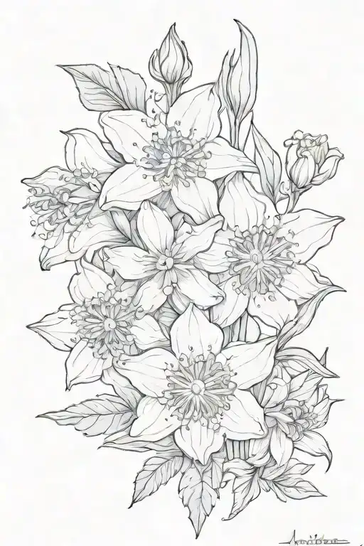 forget me not, aster and daffodil tattoo design idea