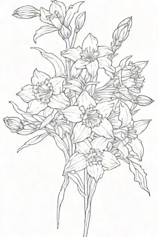 forget me not, aster and daffodil in a bunch together tattoo design idea