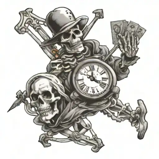 1 skeleton holding a clock, 1 skeleton holding an eye, 1 skeleton holding an Ace card, 1 skeleton holding a spear  tattoo design idea