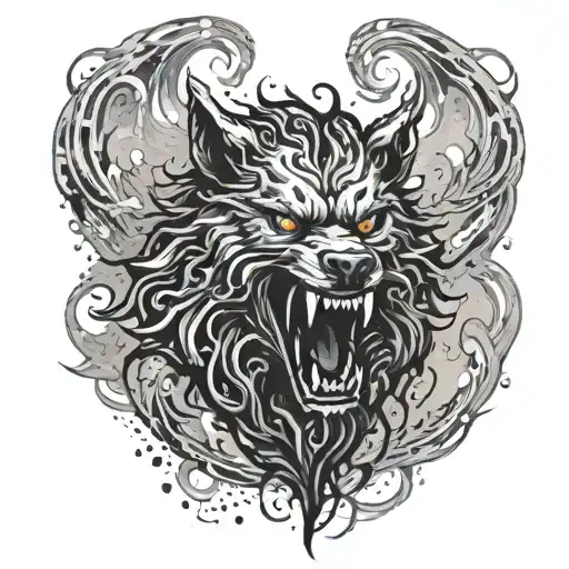 Alpha lycan silhouette surrounded by swirling smoke and shadows, creating a mysterious aura tattoo design idea