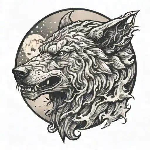 Alpha lycan howling at the moon with smoke and shadows intertwining around it tattoo design idea