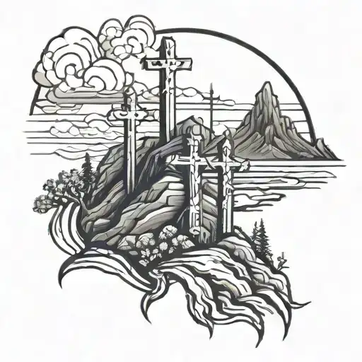 3 crosses at the top of a mountain landscape tattoo design idea