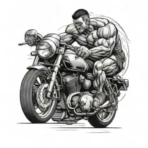Incorporate a bodybuilder lifting weights on a motorcycle into a black-grey tattoo design tattoo design idea