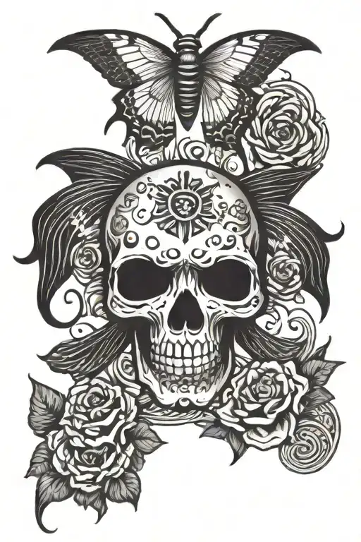 skull and yingyang butterfly turtle tattoo design idea