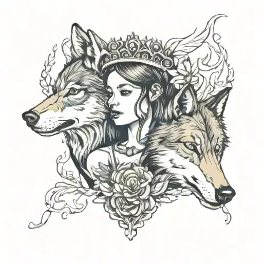 girl and wolf crown tattoo design idea