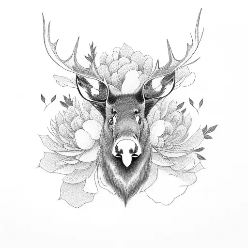 Japanese moose with peonies tattoo design idea
