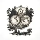 forest in the background, world map, a roman numeral clock, a symbol that represents family tattoo design idea