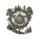 forest in the background, world map, a roman numeral clock, a symbol that represents family tattoo design idea