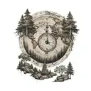 forest in the background, world map, a roman numeral clock, a symbol that represents family tattoo design idea