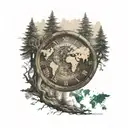 forest in the background, world map, a roman numeral clock, a symbol that represents family tattoo design idea