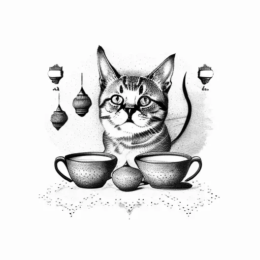 A beautiful tattoo of a cat sitting on a pile of Turkish coffee cups tattoo design idea