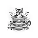A beautiful tattoo of a cat sitting on a pile of Turkish coffee cups tattoo design idea