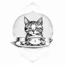 A beautiful tattoo of a cat sitting on a pile of Turkish coffee cups tattoo design idea