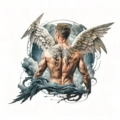 angel turning his back with broken wings with storm in the background tattoo design idea