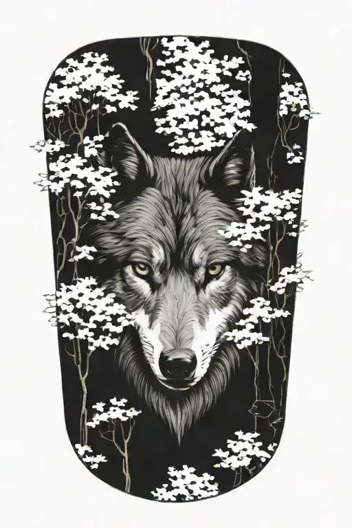 Wolf head sorrounded by many trees blackwork tattoo design idea