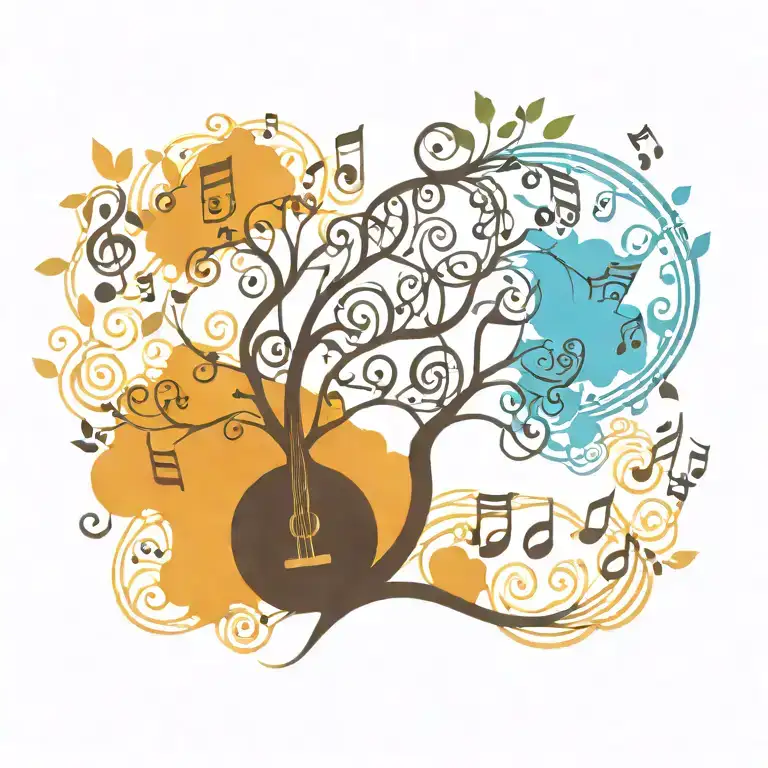 A Steam Punk-Inspired Tree Of Life With Musical Notes Flowing Through The Branches. Design should be dreamy, soft, water tattoo design idea