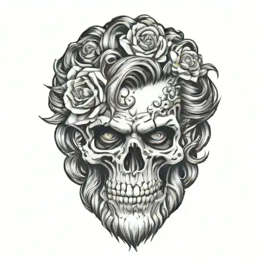 A shoulder tattoo for a man, featuring a hyper-realistic portrait of Hades adorned with a skull and flowers in his hair. tattoo design idea