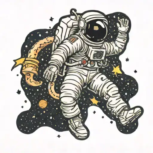 An astronaut floating in space, with a galaxy background, traditional style, black, taken from far away, high quality  tattoo design idea