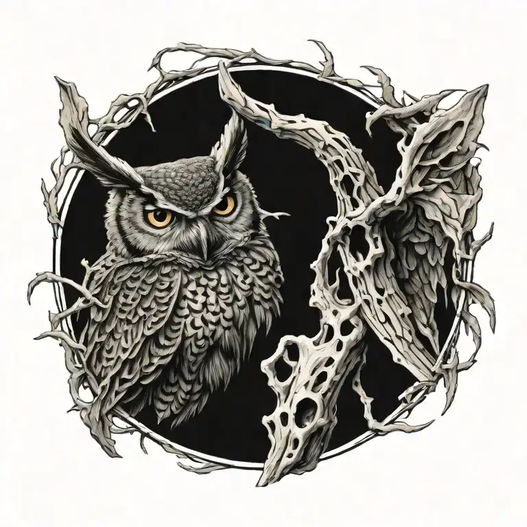 Great horned owl skeleton sitting tattoo design idea