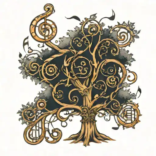 A Steam Punk-Inspired Tree Of Life With Musical Notes Flowing Through The Branches tattoo design idea