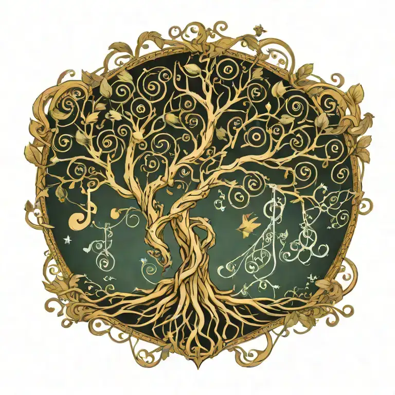 A Steam Punk-Inspired Tree Of Life With Musical Notes Flowing Through The Branches tattoo design idea