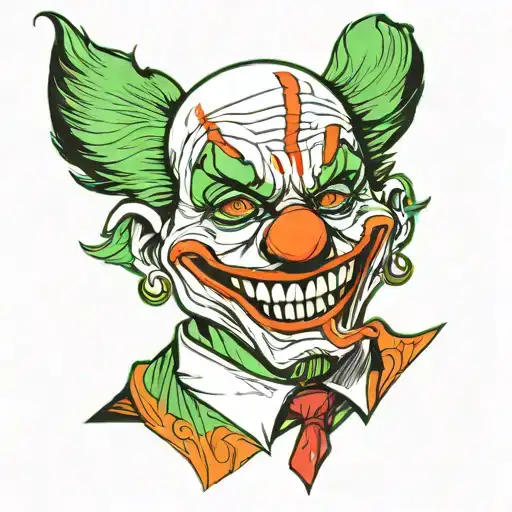 Sinister  clown, white face paint, red lips, and dark eyes, green hair and is dressed in a colorful suit with an orange  tattoo design idea