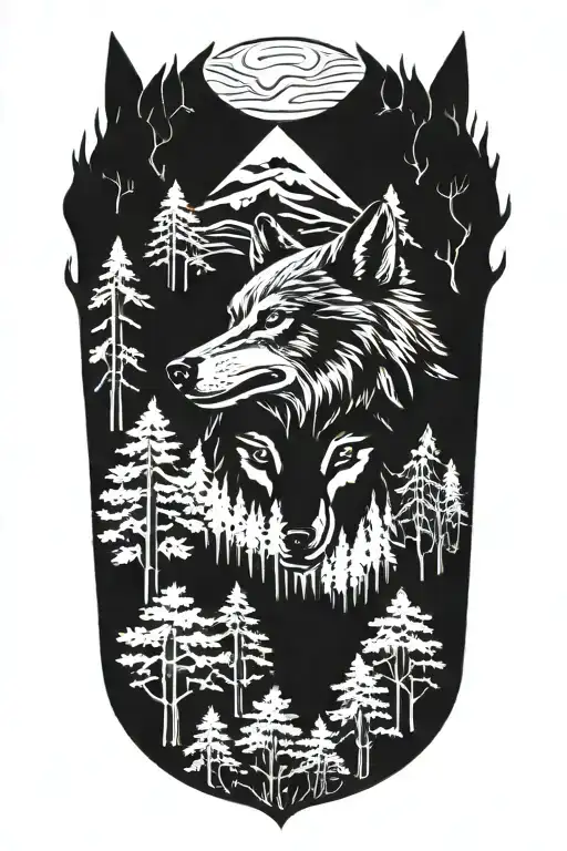 Wolf head sorrounded by many trees blackwork tattoo design idea
