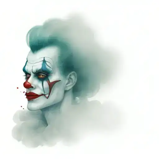 attoo design featuring a sinister clown character with white face paint, red lips, and dark eyes tattoo design idea