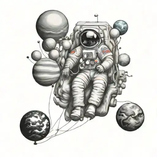 An astronaut floating in space, holding the planets of our solar system like balloons, realism style, black, taken from  tattoo design idea