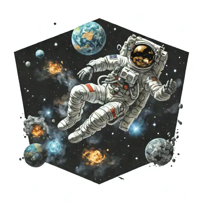 An astronaut floating in space, with a galaxy background, traditional style, black, taken from far away, high quality  tattoo design idea