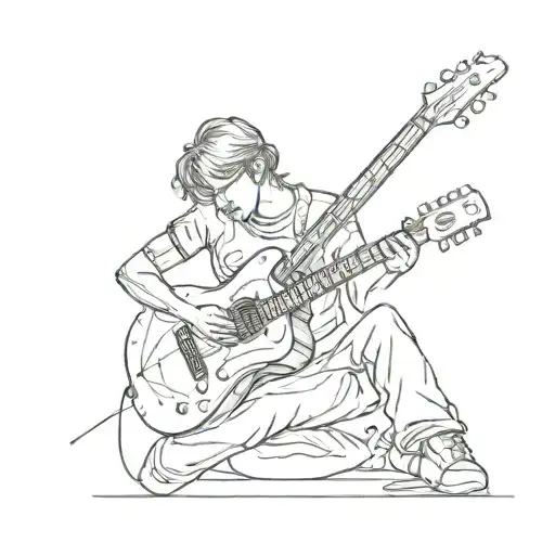 A sketch style tattoo of a student playing a guitar surrounded by minimalist musical notes tattoo design idea