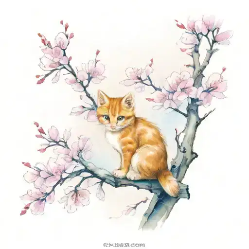  graceful pink cherry blossom tree extends vertically. small, playful kitten is perched, gazing curiously outward.  tattoo design idea