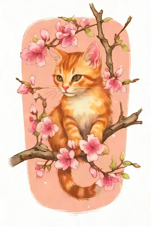 A very cute kitten perched on a pink cherry blossom branch tattoo design idea