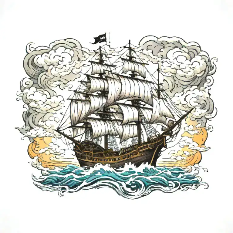 a pirate ship battling storm  tattoo design idea