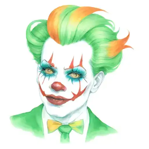 Sinister  clown, white face paint, red lips, and dark eyes, green hair and is dressed in a colorful suit with an orange  tattoo design idea