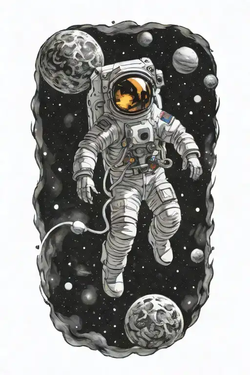 An astronaut floating in space, with a galaxy background, traditional style, black, taken from far away, high quality  tattoo design idea