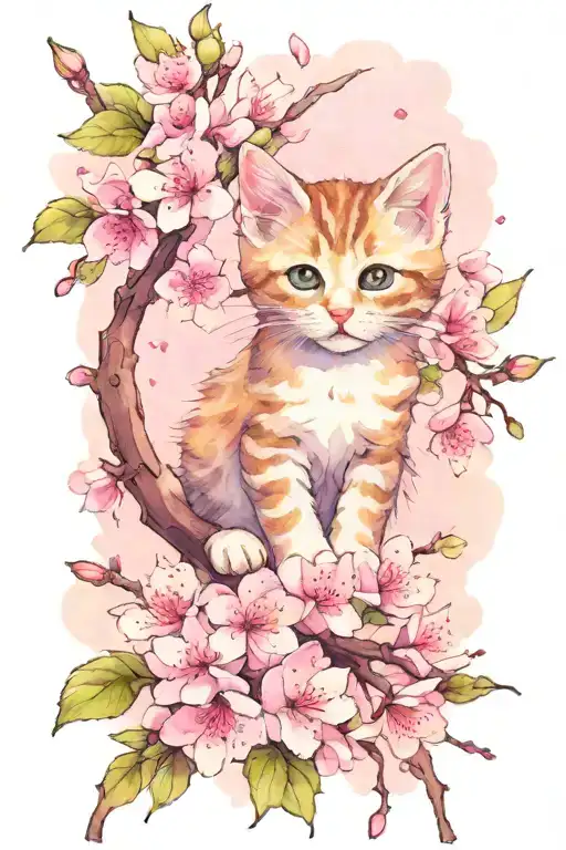 A cute kitten perched on a pink cherry blossom branch tattoo design idea